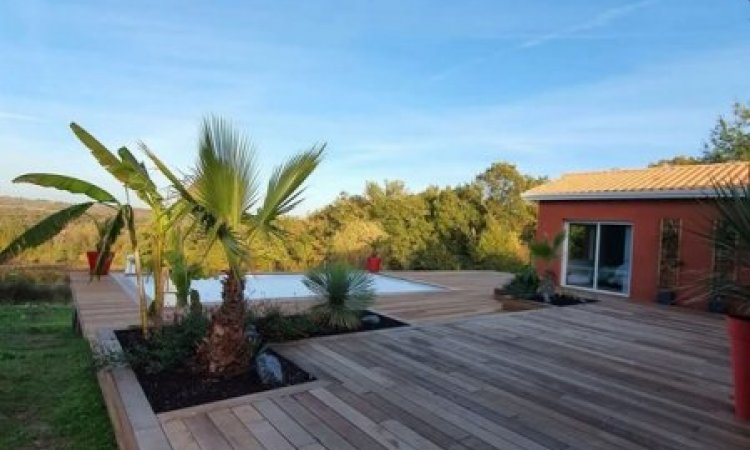 Rénovation extérieure avec création d'une terrasse exotique autour d'une piscine à Bordeaux